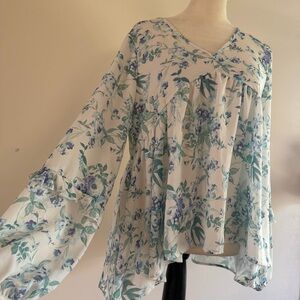 Peach Love California Cream Floral V-Neck Blouse with Blue-Green Print